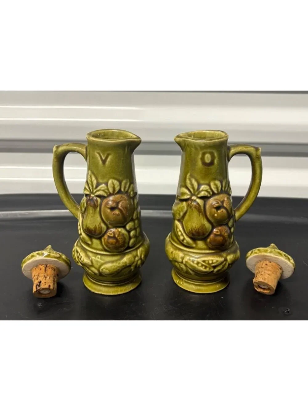 Vintage MCM Green Ceramic Oil & Vinegar Cruet Set Fruit Design Cork Stoppers